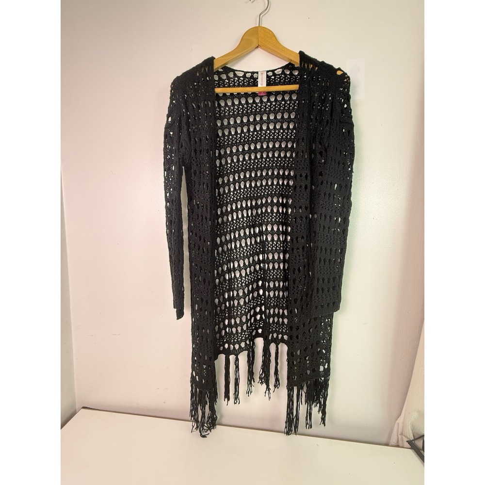Boho Crochet Fringe Cardigan Black Open Knit Duster Festival Beach Cover Up M